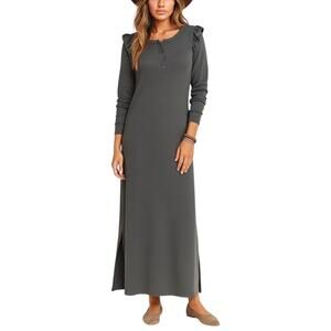 Revolve Z Supply Gray Ruffle Shoulder Henley Maxi Dress NWT Size XS